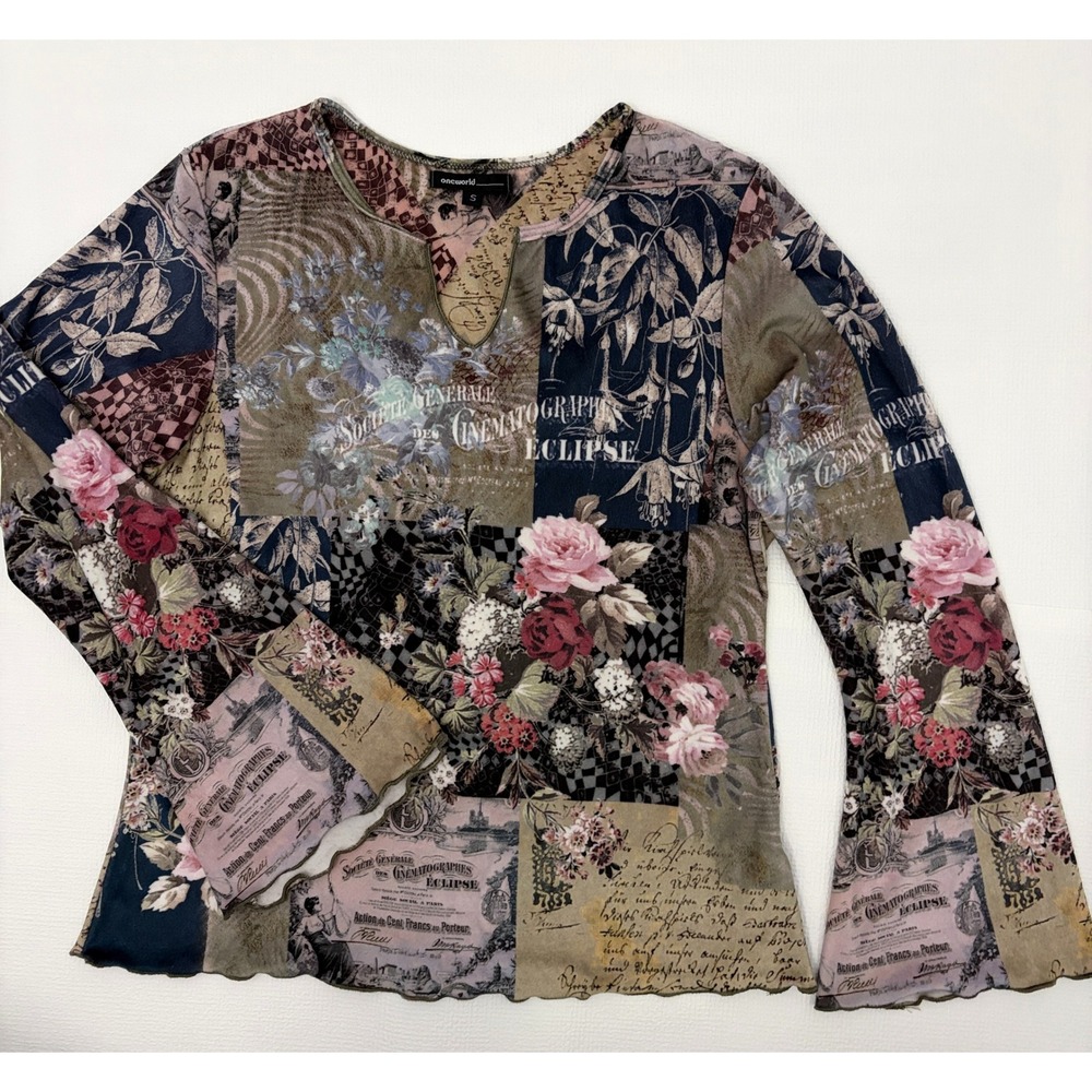 Y2K Oneworld Top Patchwork Floral Graphic Print Small Multicolor